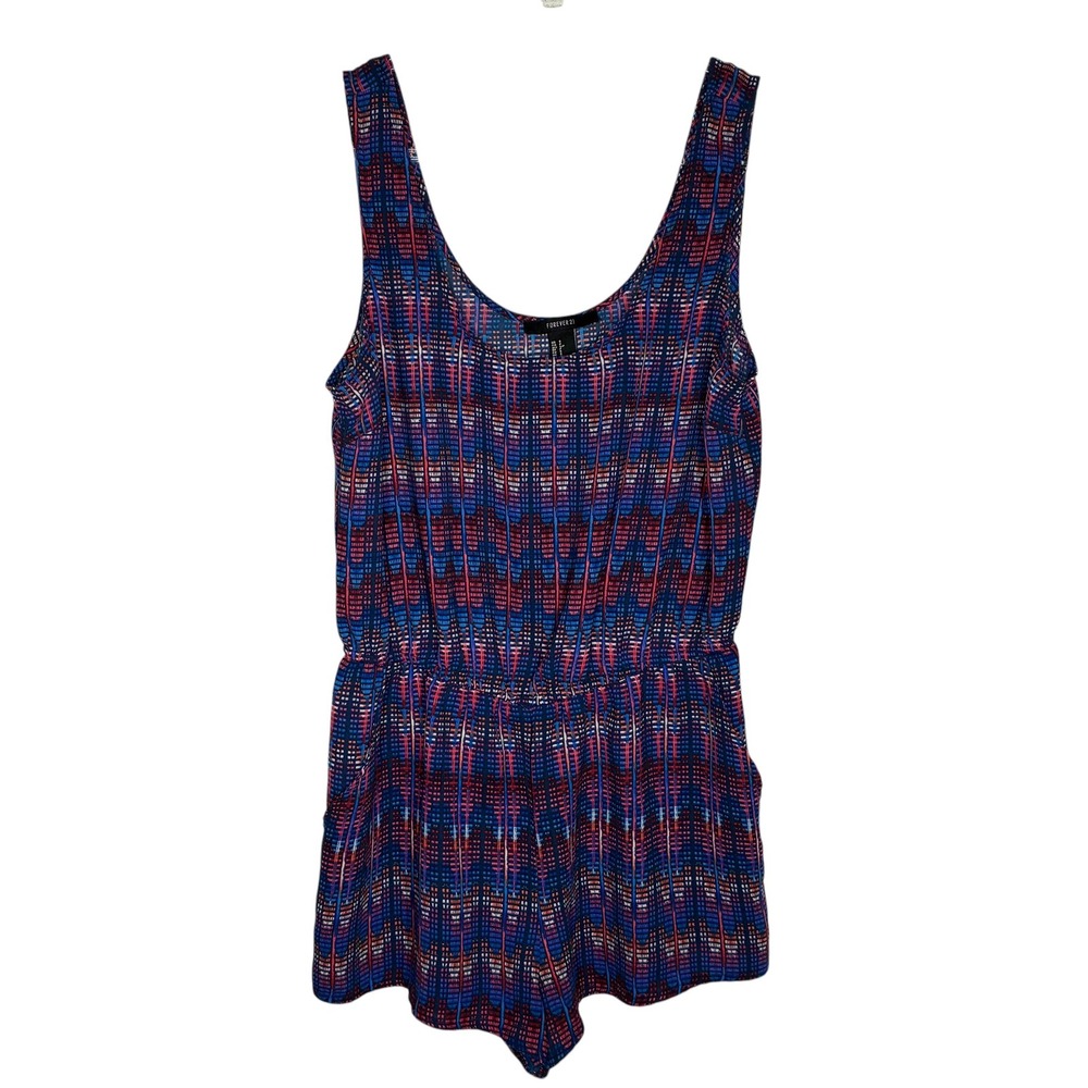 Forever‎ 21 Womens Small Blue Pink Geometric Tribal Print Romper Boho Festival